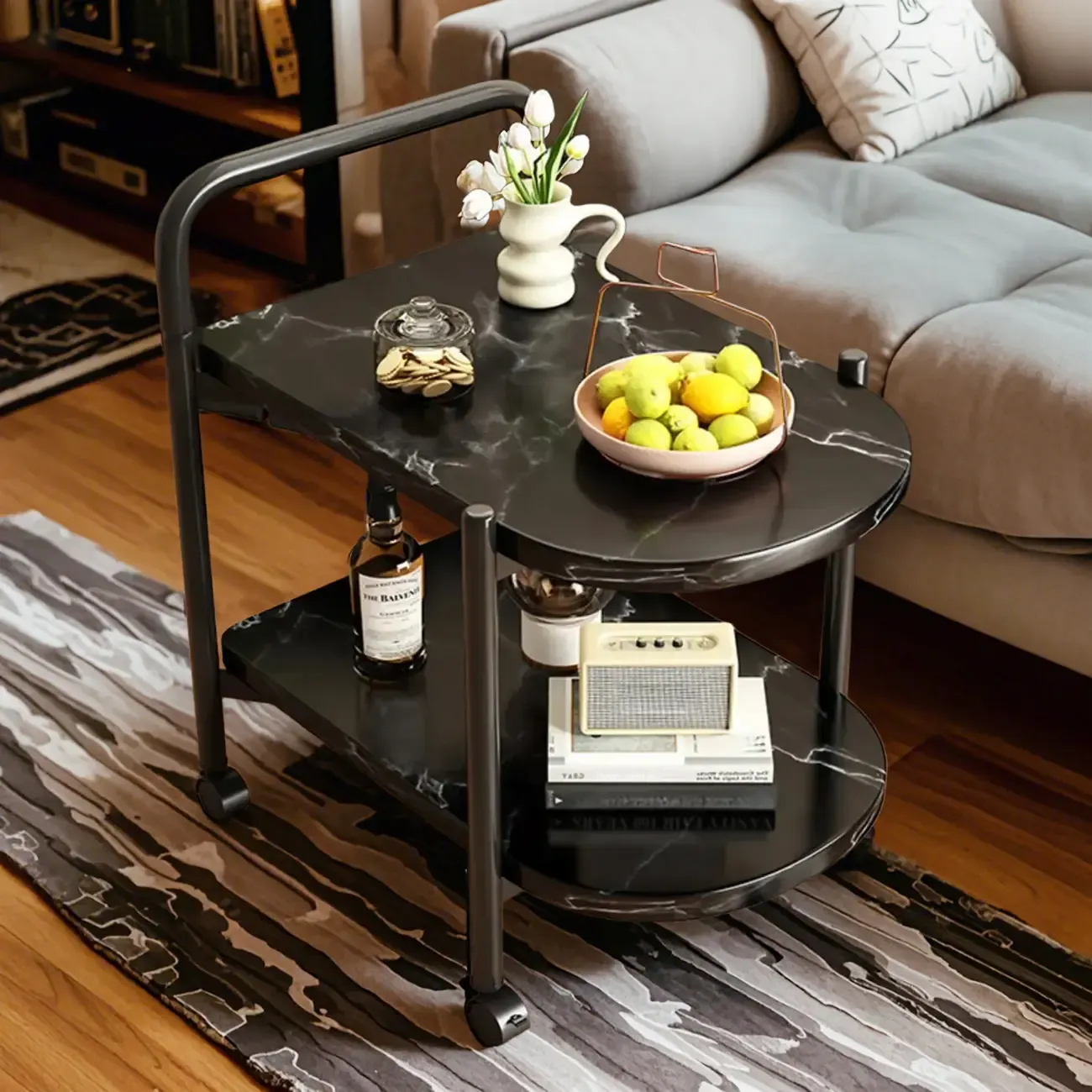 Modern 2-Tier Wood Round Coffee Table with Wheels, Tray