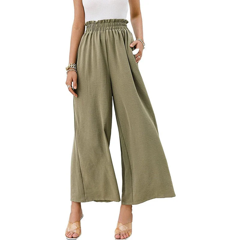 Hulianfu Autumn Summer Fashion Cotton Linen Pants Women Solid Fungus Edge High Waist Women's Trousers Wide Leg Casual Pants - Deanwangkt