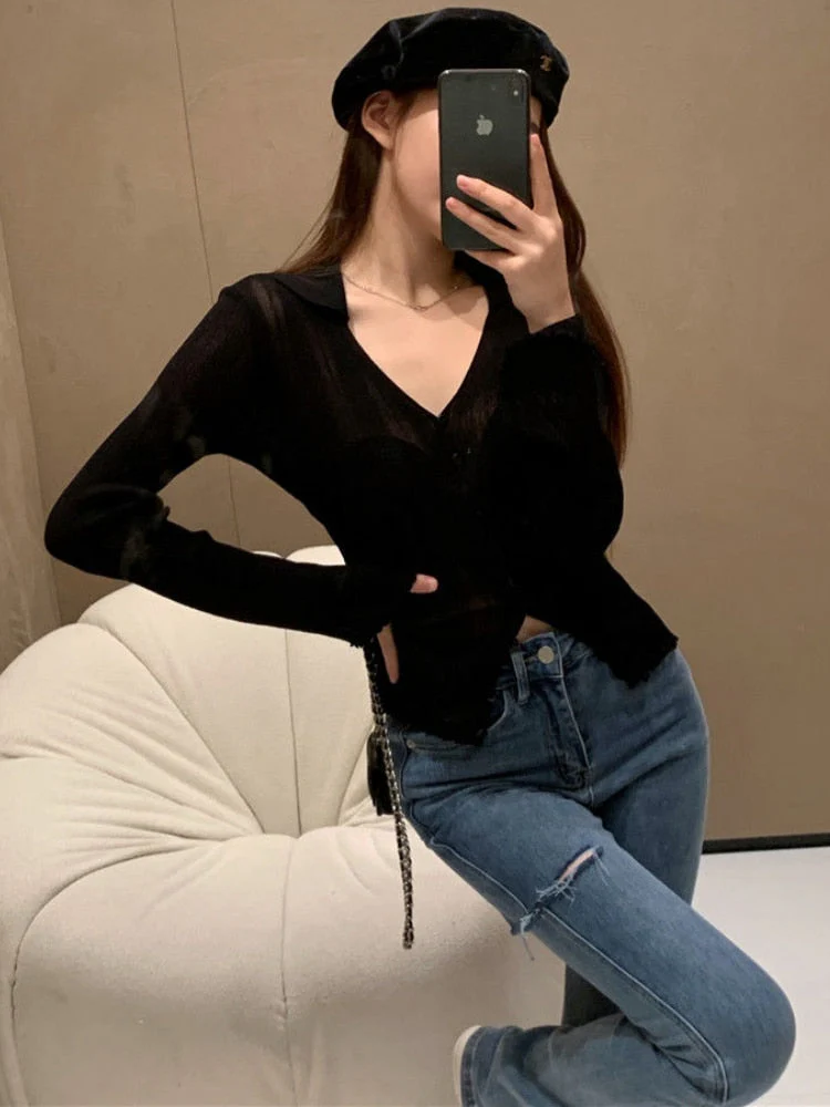 Hulianfu Knitting T-shirt Women Slim Sexy Long Sleeve Daily V-neck Casual Korean Style Pure Retro Minimalist Hot Girls Spring See-through - Deanwangkt