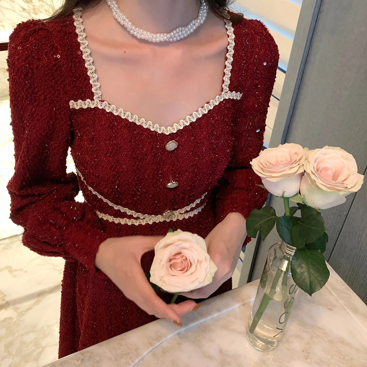 Hulianfu Vintage Button Dresses for Women Fairy Midi Party Dress Evening Office Lady Design One Piece Dress Elegant Korean Spring - Deanwangkt