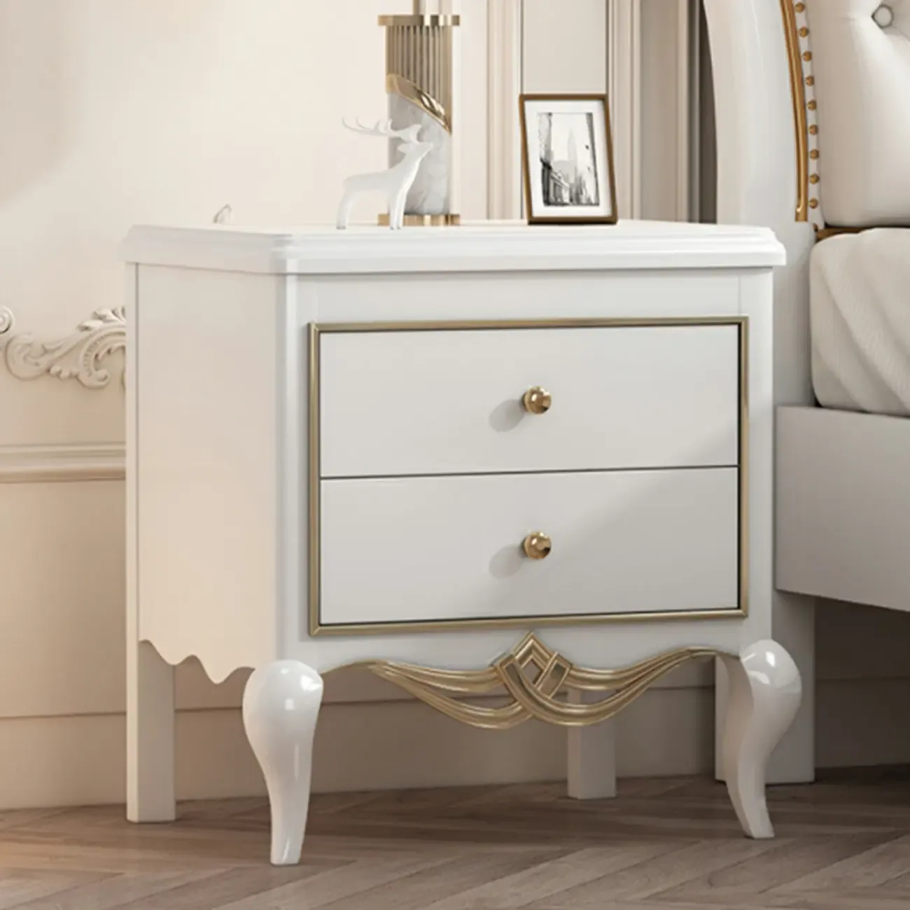 Glam Rubberwood White 2-Drawer Nightstand with Legs