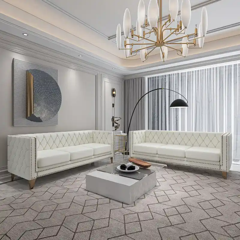 2-Pieces Velvet Upholstered 3 Seat Sofa, Classic Chesterfield Couch Buttons Tufted Square Arm Sofa with Nailheads and Metal Legs