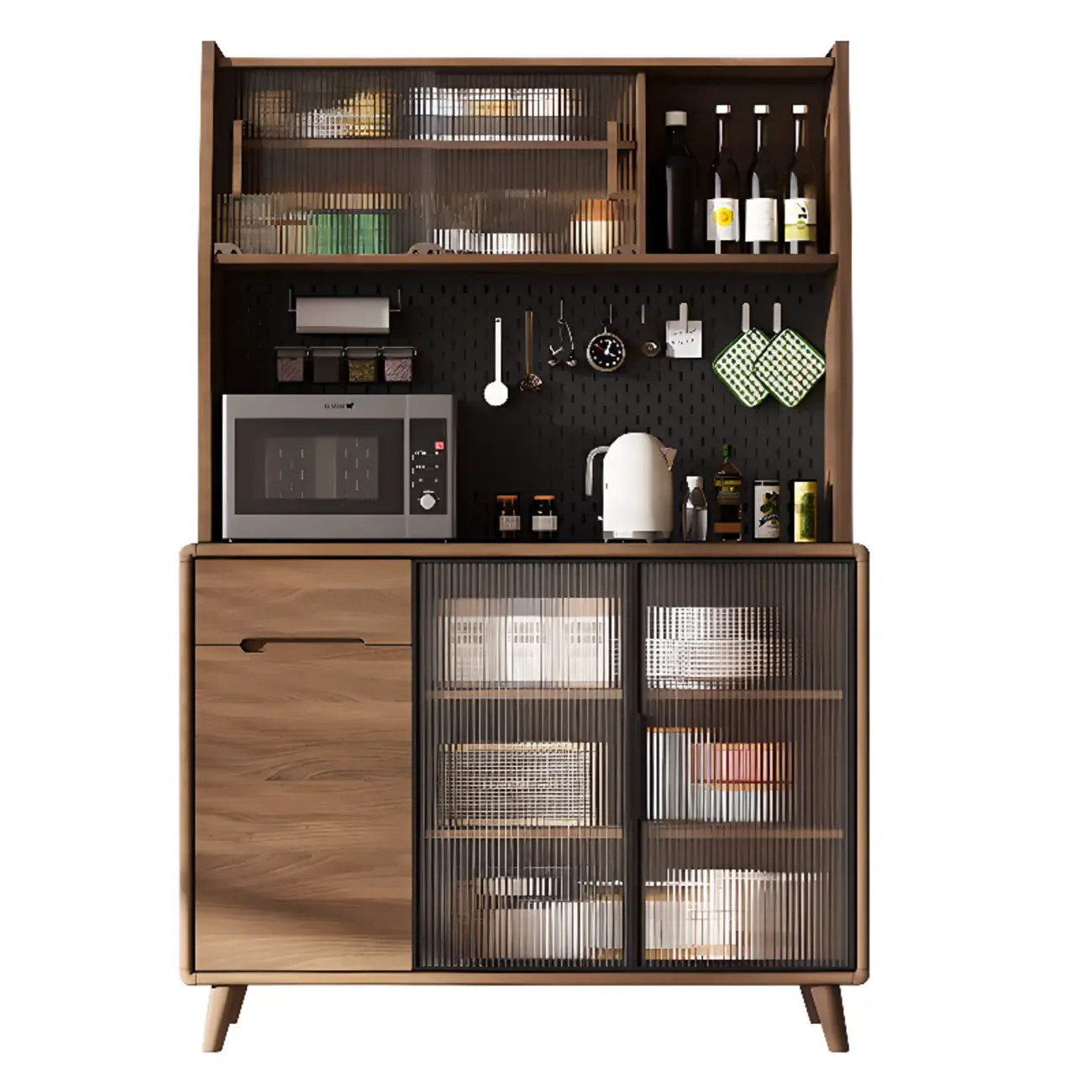 Kitchen Brown Wooden Hutch Top Sideboards with Pegboard Back