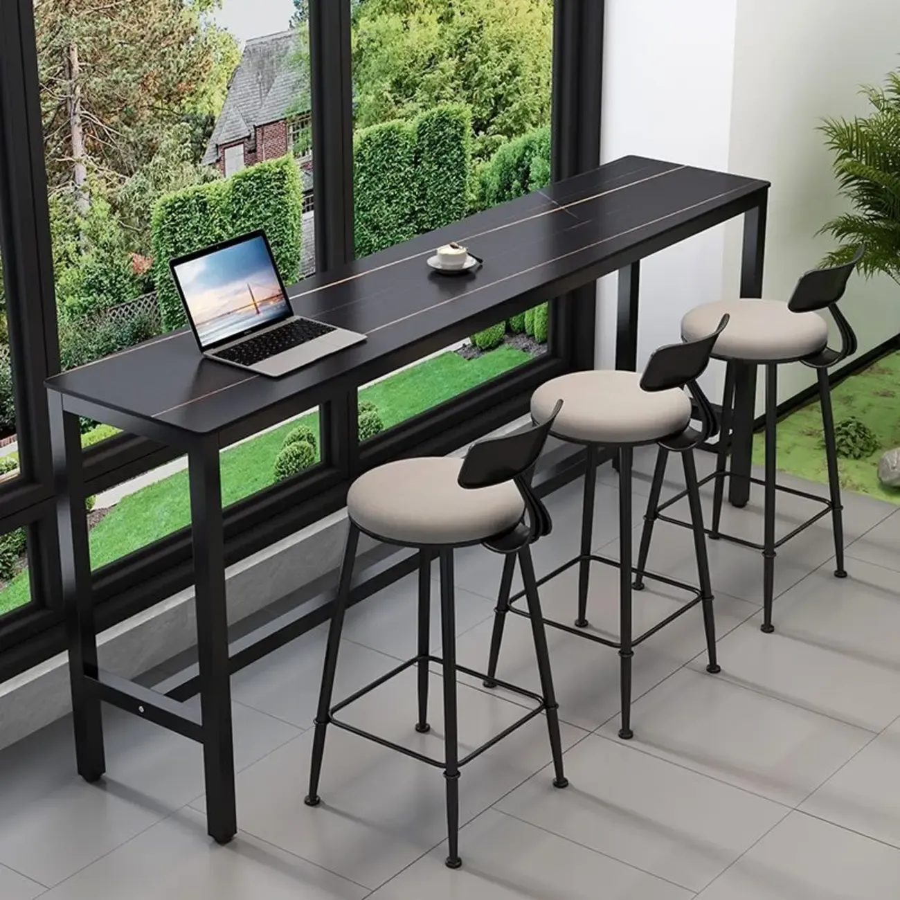 Modern Grey Stone Top Bar Height Table with Trestle Base