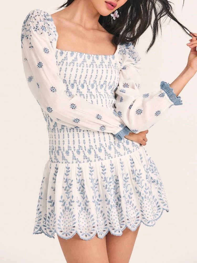 Hulianfu Spring Summer Vintage New Fashion Women Embroidered Elastic Square Neck Puff Long Sleeve Short Mini Dress - Deanwangkt