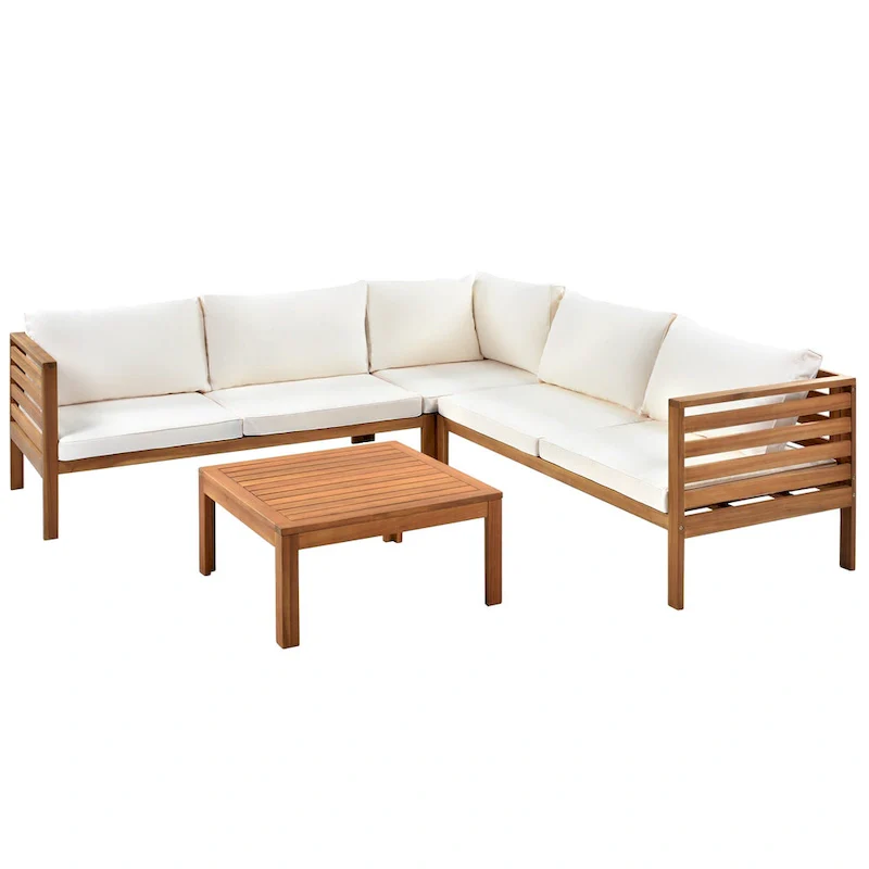 4-Piece Acacia Wood L-Shaped Sectional Sofa Set with Table