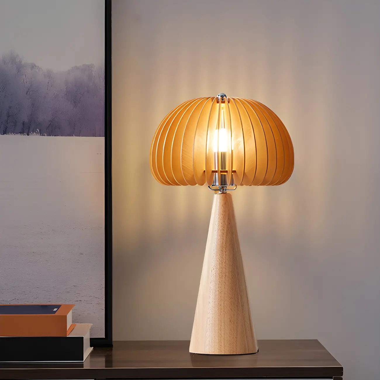 Art Deco Yellow Wooden Mushroom-Shaped LED Table Lamp