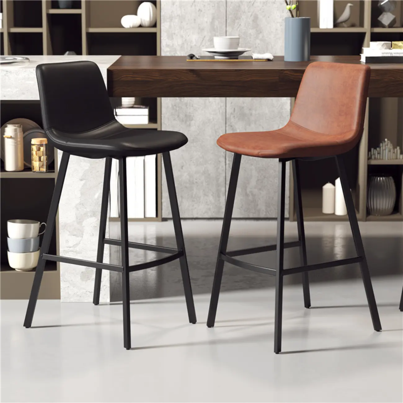 Scandinavian Leather Black Frame Bar Stool