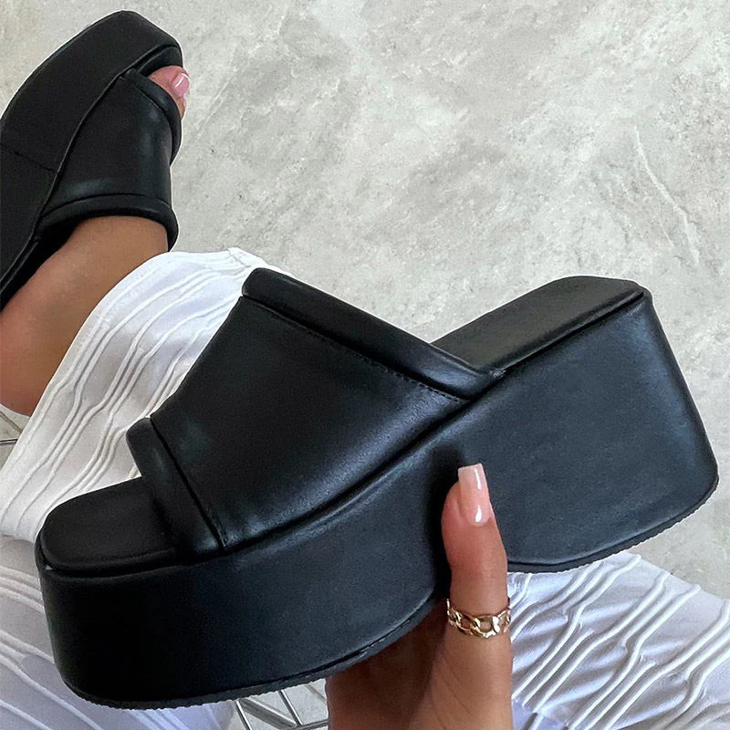 hulianfu Women's Sandals Square Toe Leather Platform Ladies Shoes Summer Fashion Thick Bottom Female Slipper Woman Flip-flops - Deanwangkt