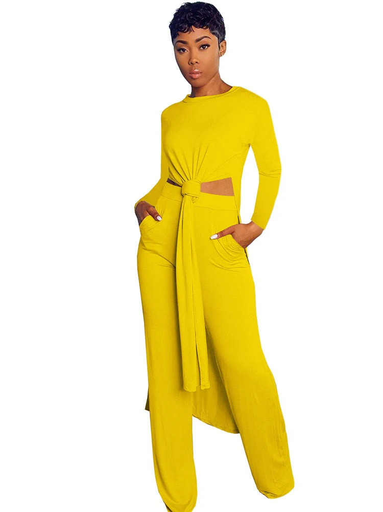 New Arrival Fashion Design two pieces  Sexy Women Set Solid O-neck Long Top  And  Long Pants  Summer  Outfits - Deanwangkt