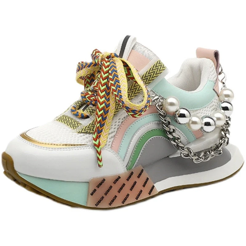 hulianfu New Lace Up Iridescent Pearl Chain Decorative Women's Vulcanized Shoes Women's Platform Sneakers  Zapatos De Mujer  Women Shoes - Deanwangkt