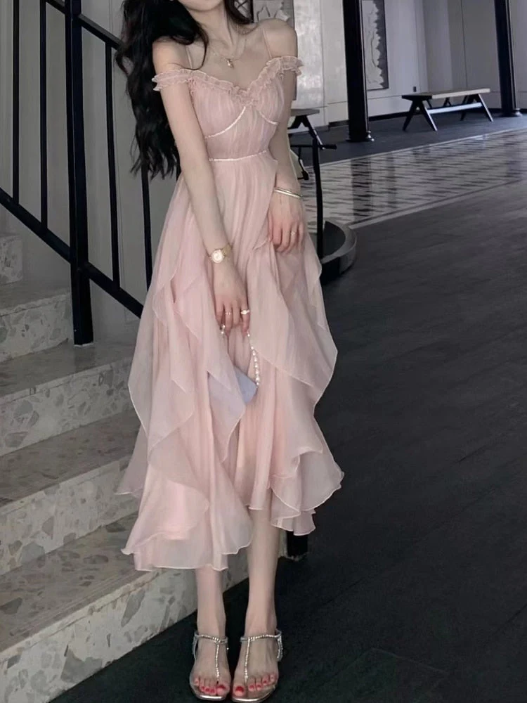Hulianfu Harajuku French Korean Sweet V-Neck Camisole Sleeveless Sexy Strap Midi Maxi Dresses for Women Elegant Fairy Party Summer Pink - Deanwangkt