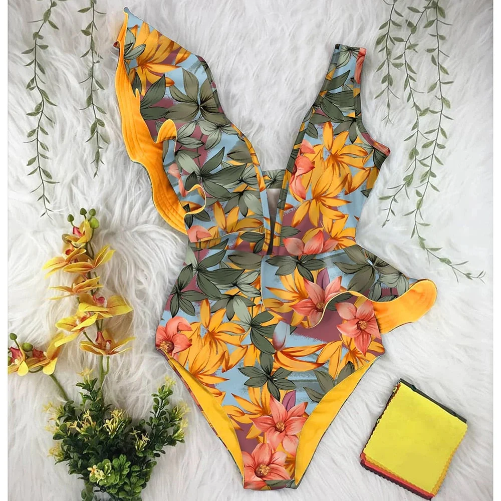 New Sexy Ruffle Print Floral One Piece Swimsuit Off The Shoulder Swimwear Women Solid Deep-V Beachwear Bathing Suit Monkini - Deanwangkt