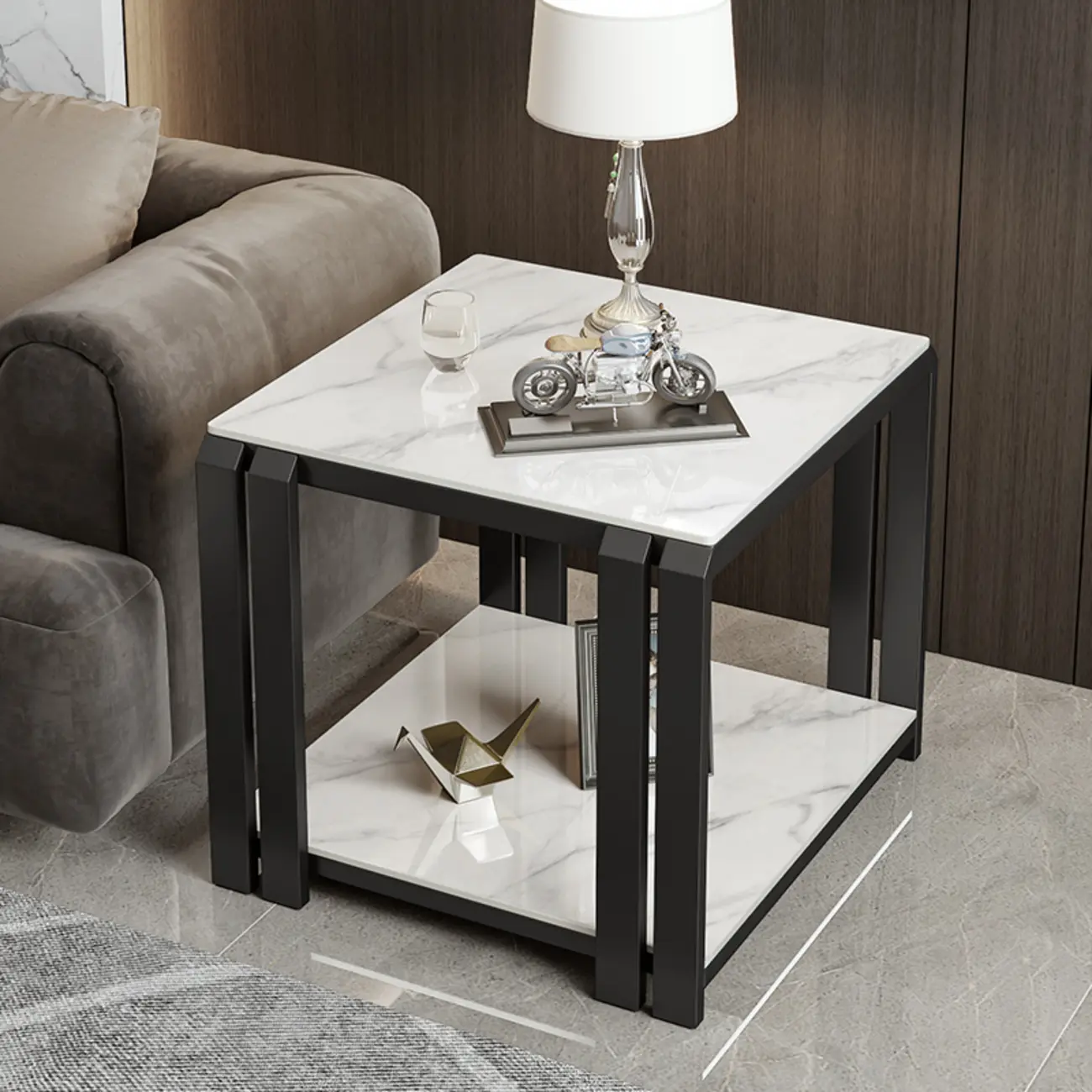 Gold-Black 2-Tier Stone Top Square Metal Frame Side Table