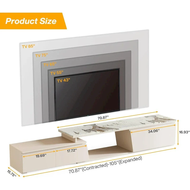 70.9 W - 105 W Extendable TV Stand, Extra Long Modern Entertainment Center with 3 Drawers