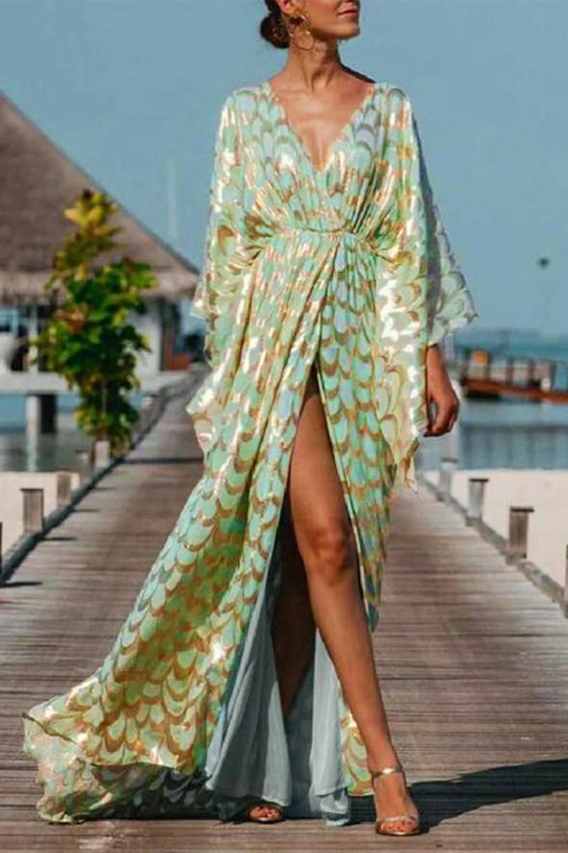 hulianfu Sexy Elegant Print Printing V Neck Long Dress Dresses - Deanwangkt
