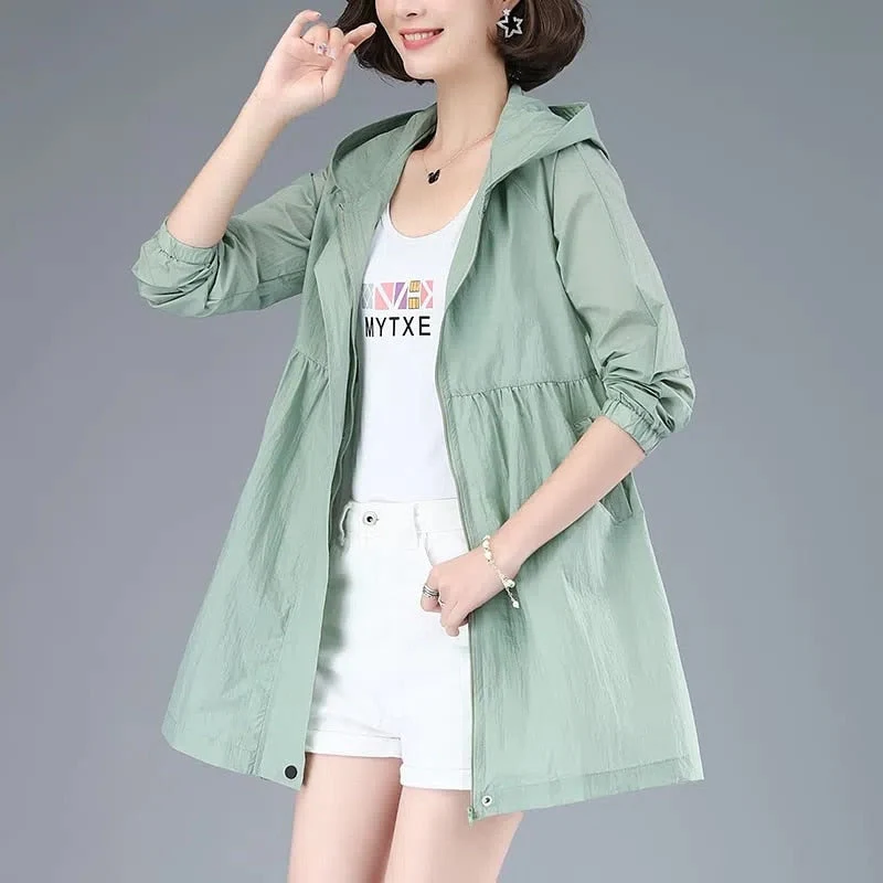 Hulianfu New Summer Medium Long Sun Protection Clothing Female Thin Jacket Loose Hooded  Coat Sun Protection Windbreaker Women - Deanwangkt