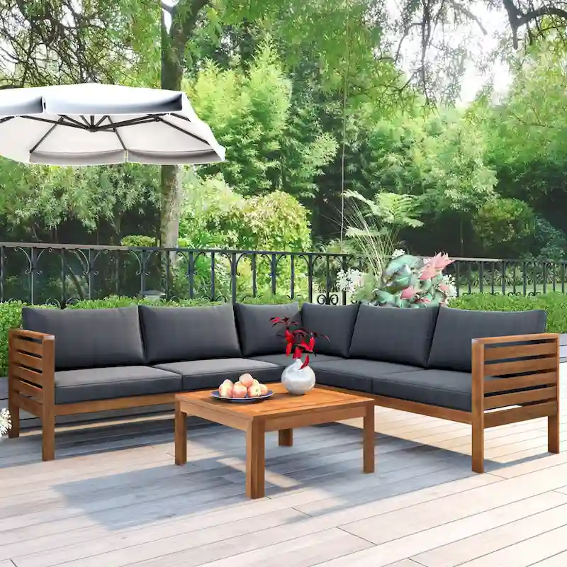 4-Piece Acacia Wood L-Shaped Sectional Sofa Set with Table