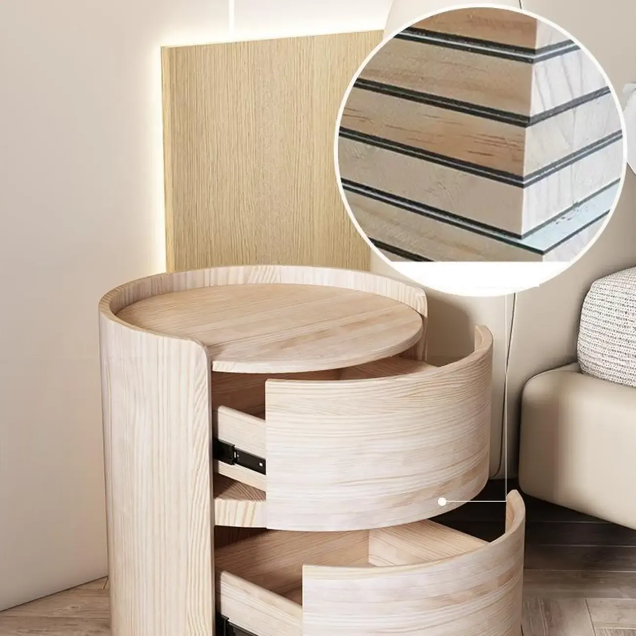 Modern Leather Tray Round 2-Drawer Nightstand
