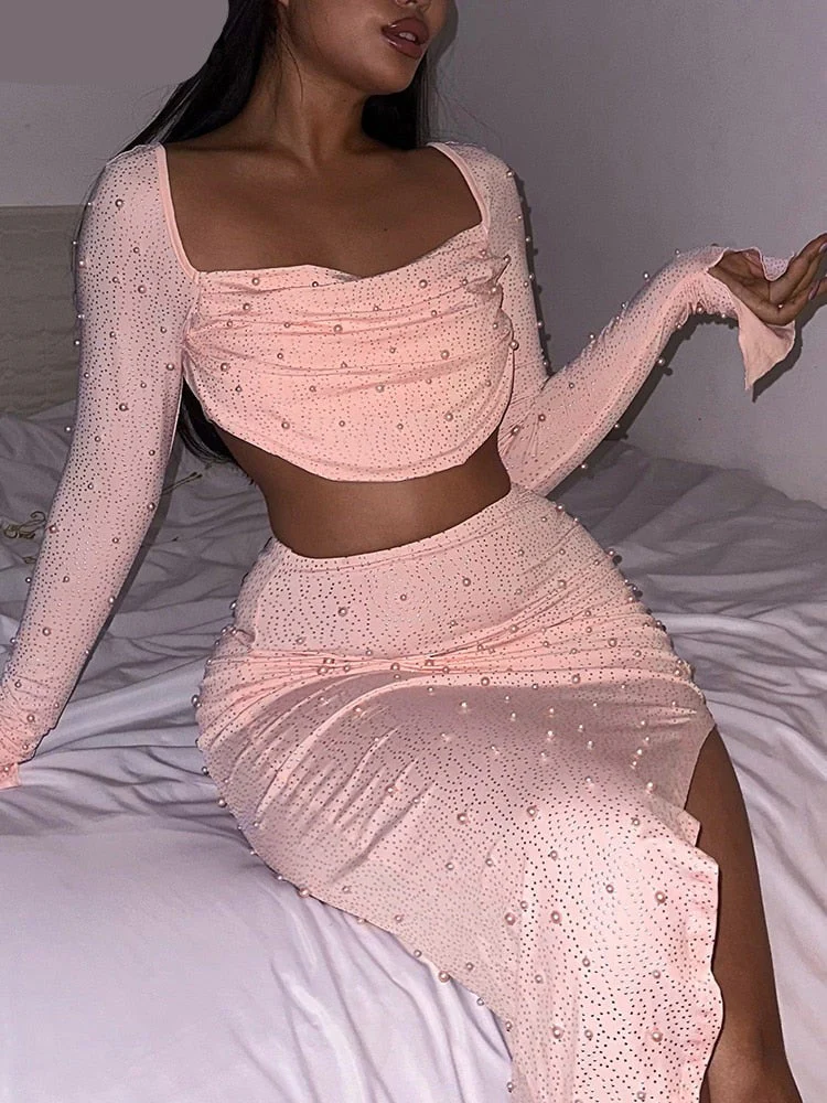 Hulianfu Autumn Pearl Diamonds Suit Women Two Piece Set Folds Polo-Neck Cropped Top Split Long Skirts Outfits Vacation Party - Deanwangkt