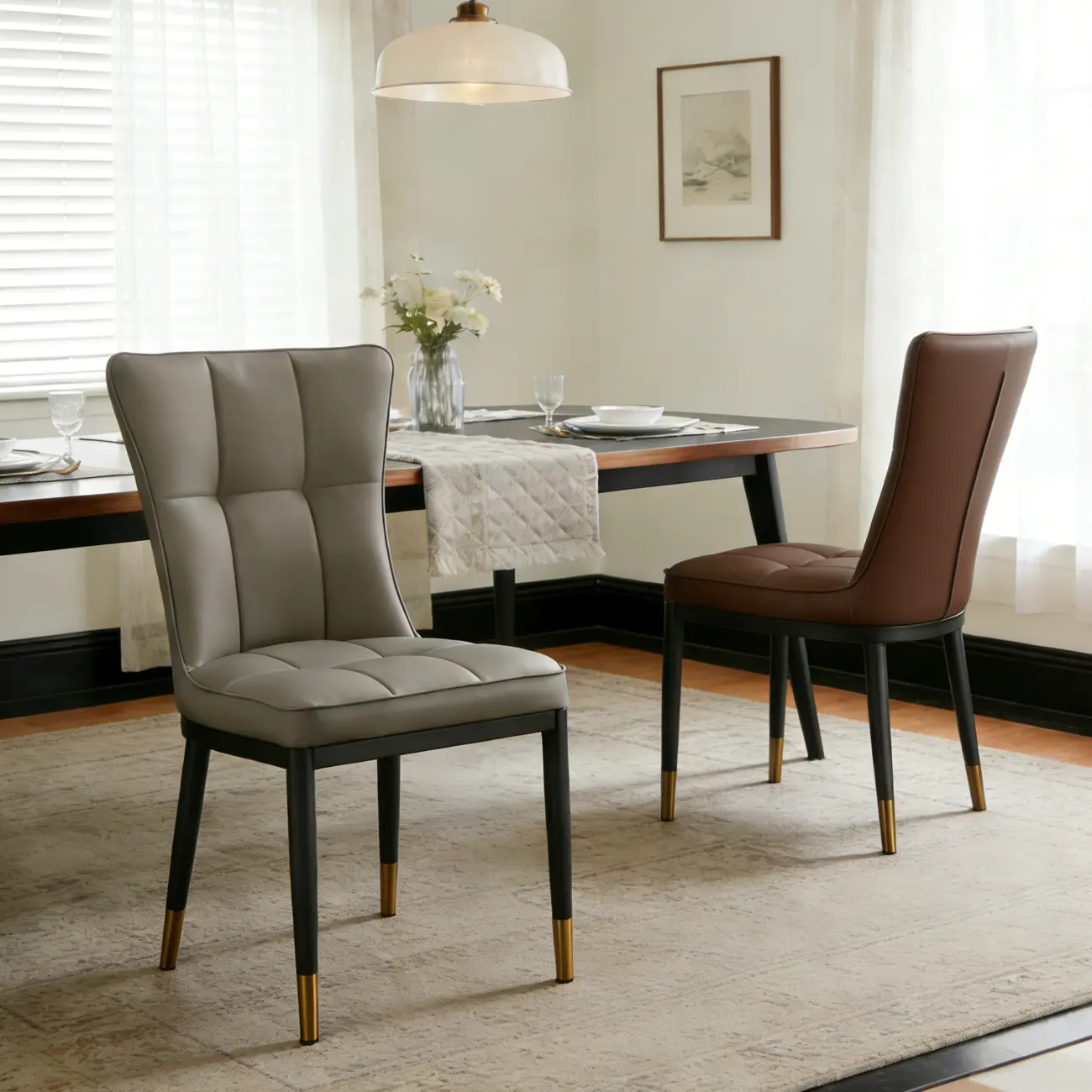 Armless Grey Tufted Leather High Back Dining Chair