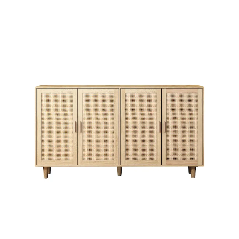 Modern 4-Door Rattan Decorative Storage Cabinet with Adjustable Shelves for Bedroom, Living Room
