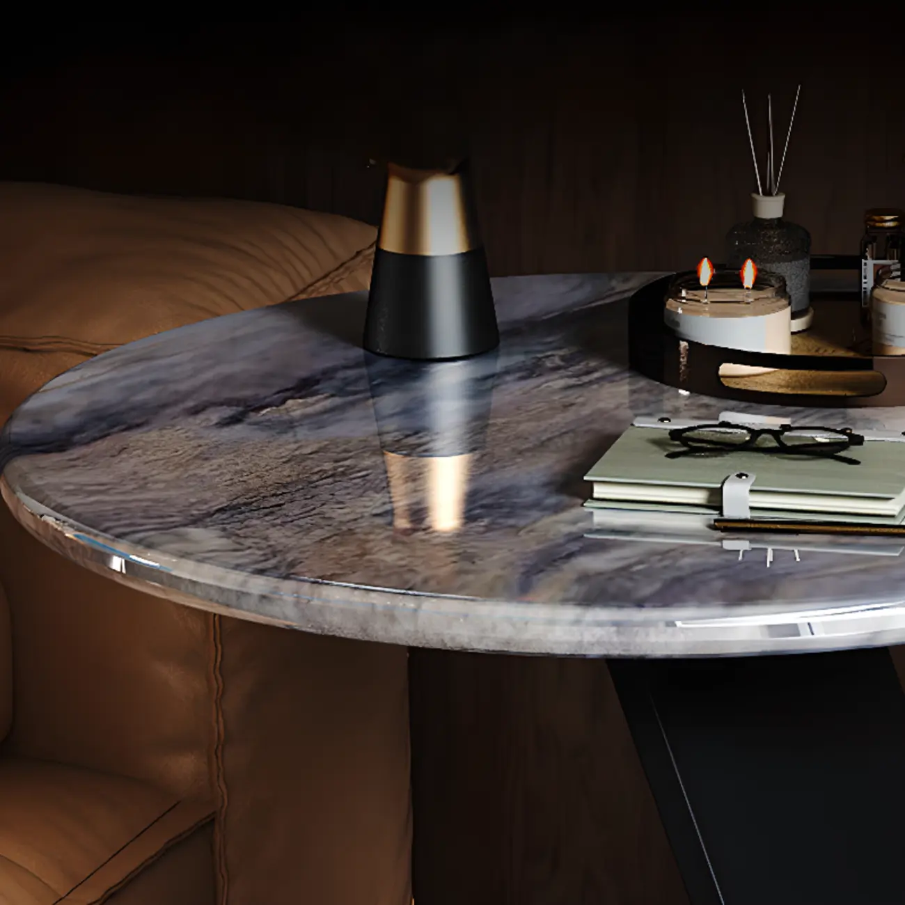 Black C-shaped Round Marble Top Living Room Side Table