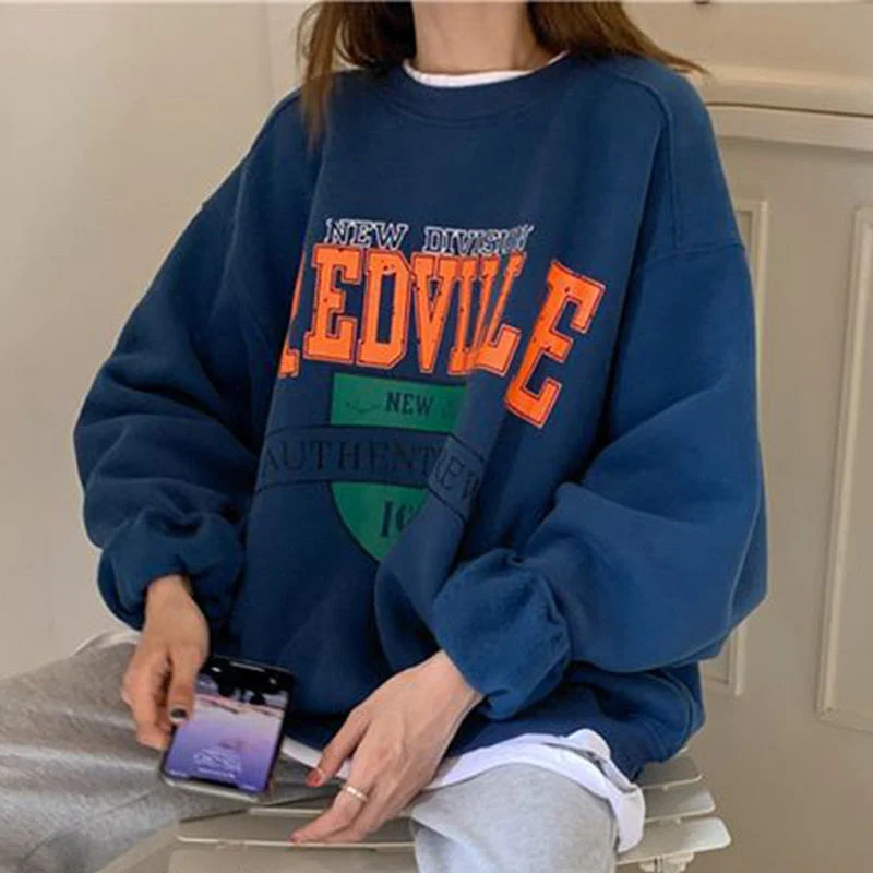 Autumn Women Fleece Letter Printed Pullover Sweatshirt Long Sleeve Casual Sports Lady Oversized Hoodie Korean Fashion - Deanwangkt