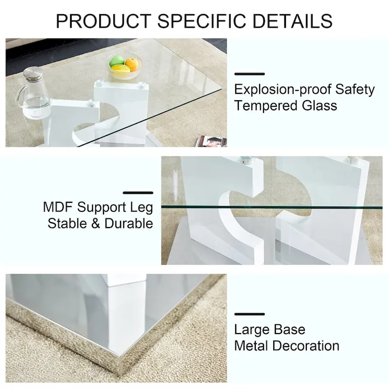 A rectangular modern and fashionable coffee table with tempered glass tabletop and white MDF legs