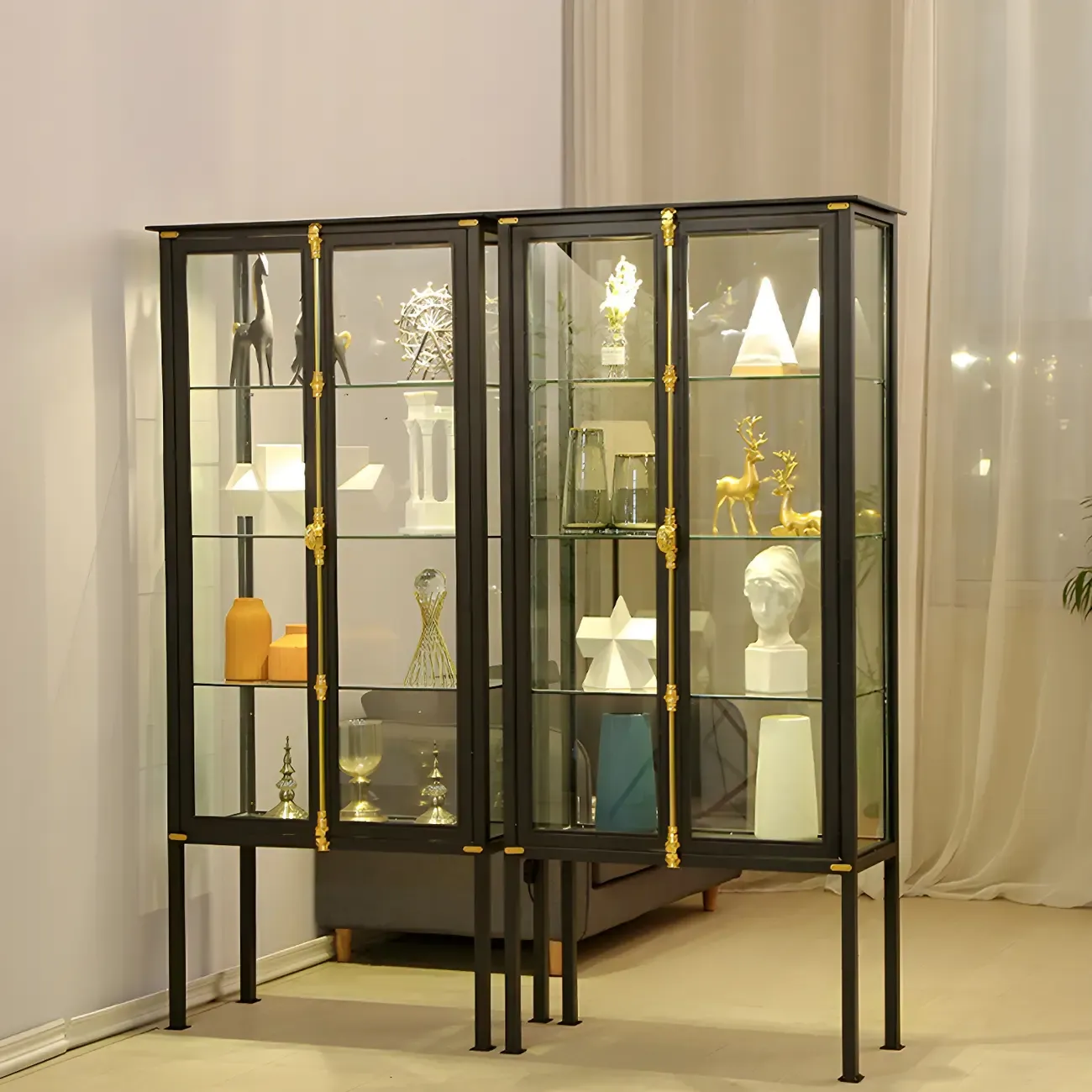 Black Metal Glass Shelves Display Cabinet with Lights