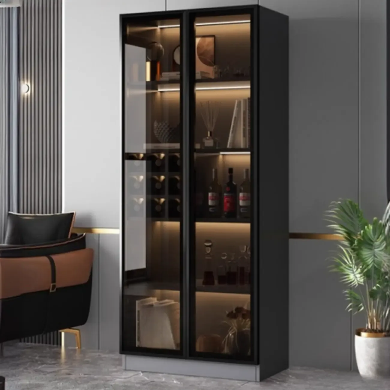 Contemporary Black Wood Glass Tall Display Storage Cabinet