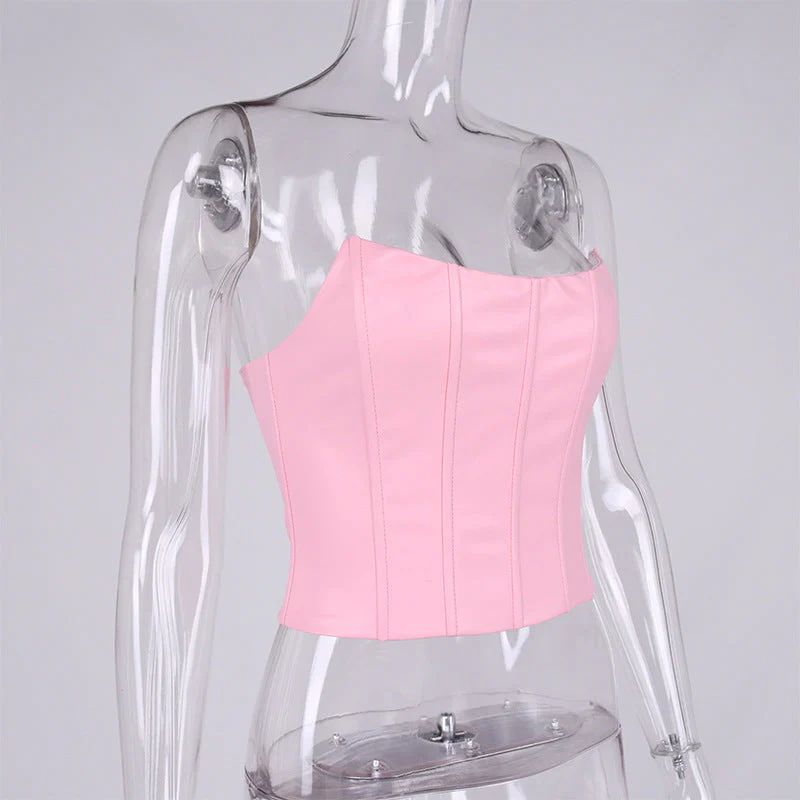 Hulianfu High Quality Summer Crop Top Women Fishbone Double Layer Pink PU Leather Sexy Crop Top Fashion Lady Clubwear Party - Deanwangkt