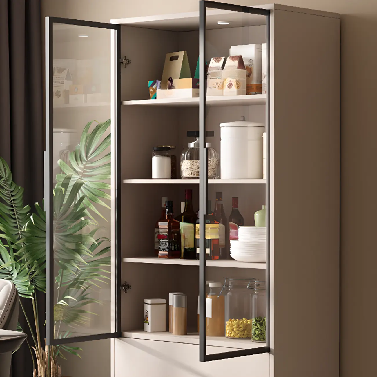 Khaki Wooden Adjustable Shelf Display Cabinet with Drawer