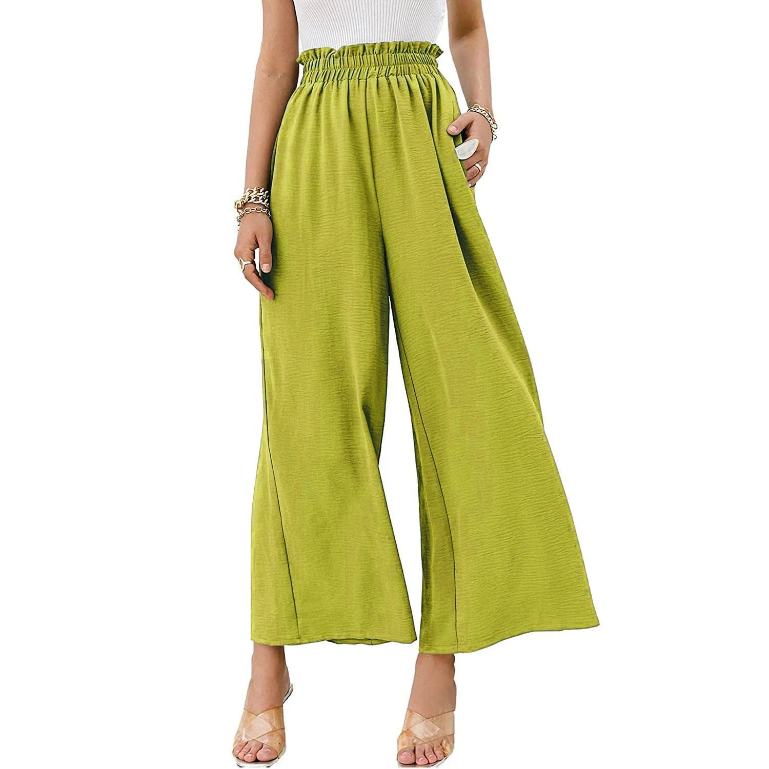 Hulianfu Autumn Summer Fashion Cotton Linen Pants Women Solid Fungus Edge High Waist Women's Trousers Wide Leg Casual Pants - Deanwangkt