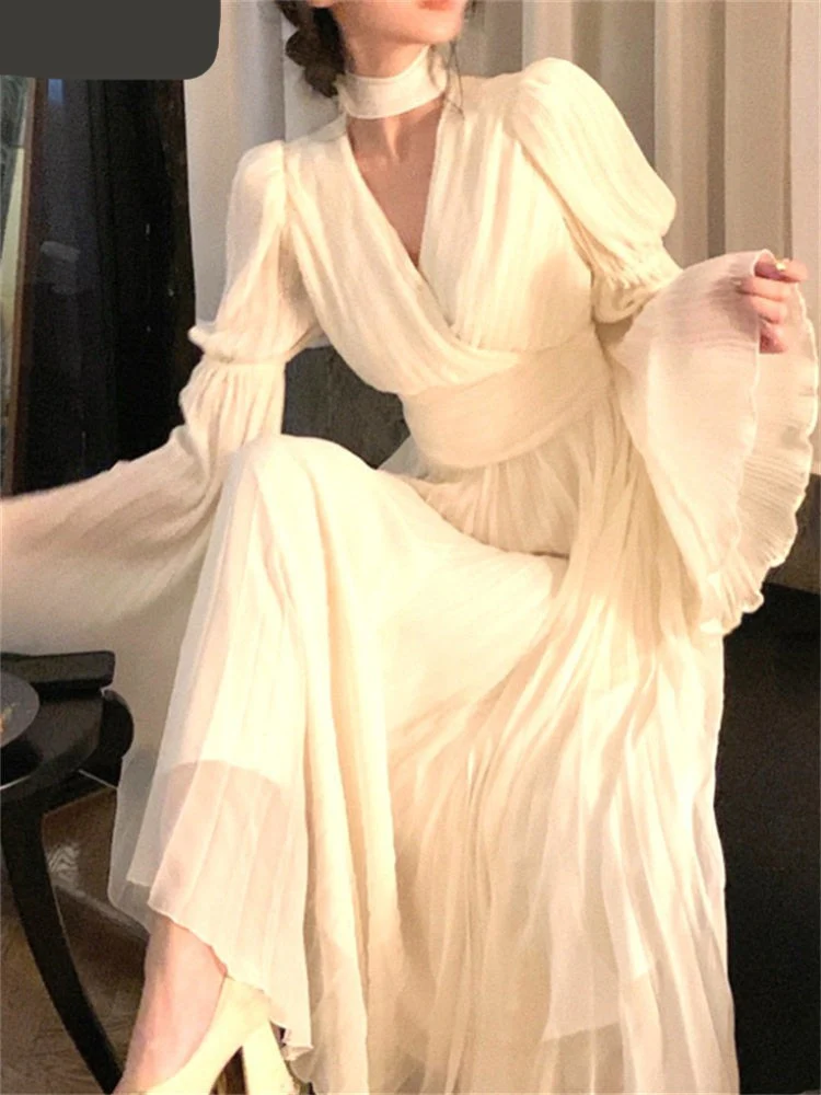 Hulianfu V Neck Flare Sleeve White Dress Fashion French Style Long Sleeve Dress for Women Elegant Chic Midi Vintage Dress - Deanwangkt