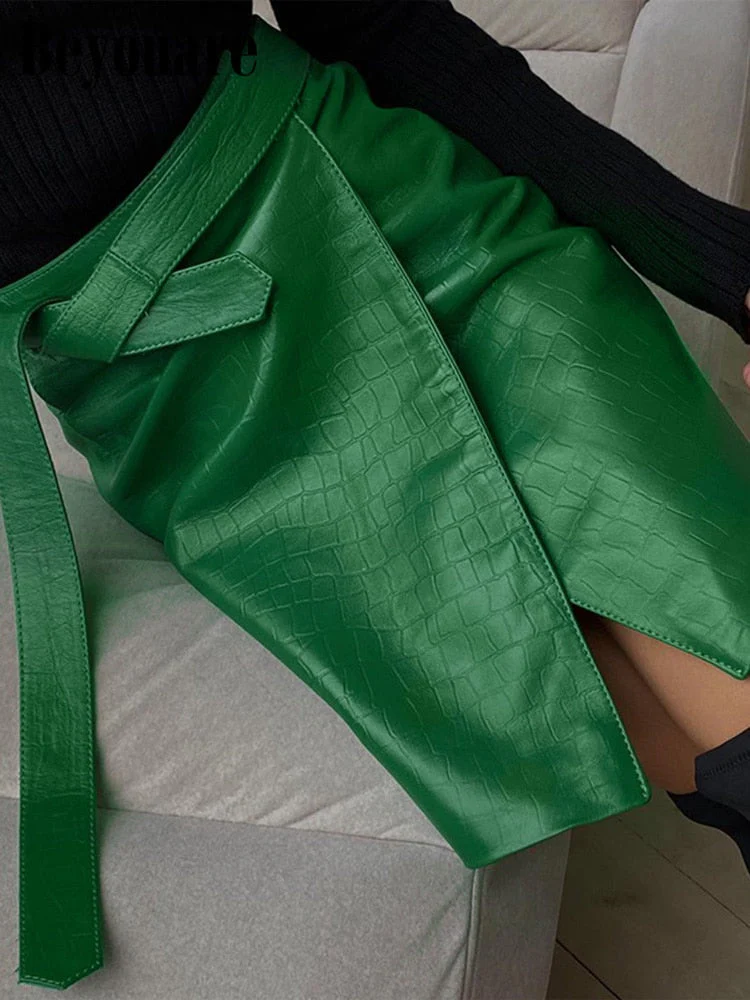 Hulianfu Faux Leather Crocodile Pattern A-Line Skirt Women Fashion Elegant Solid Green High Waist Split Mini Skirts Autumn - Deanwangkt