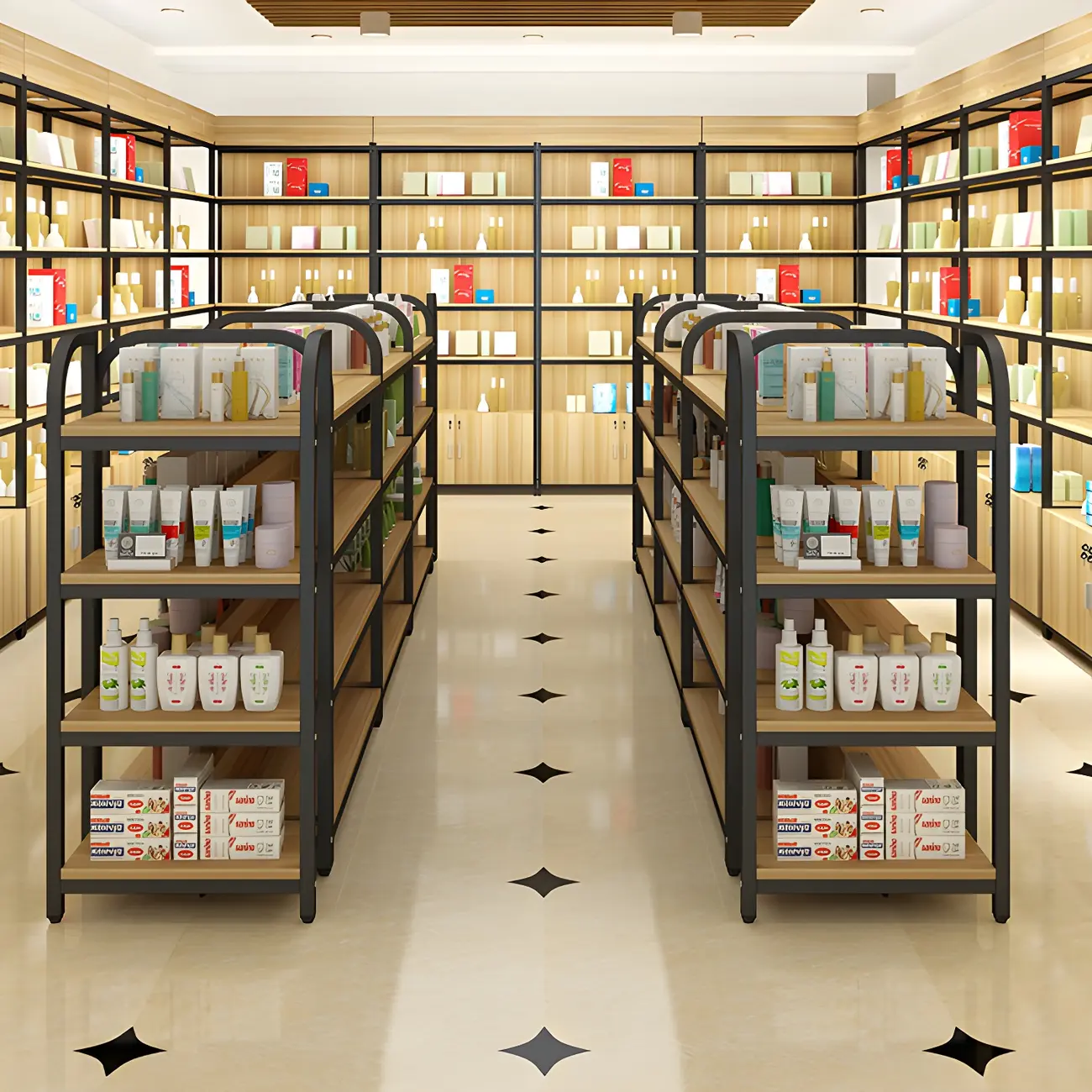 Modern Wood Open Multi-Shelf Large Display Cabinet