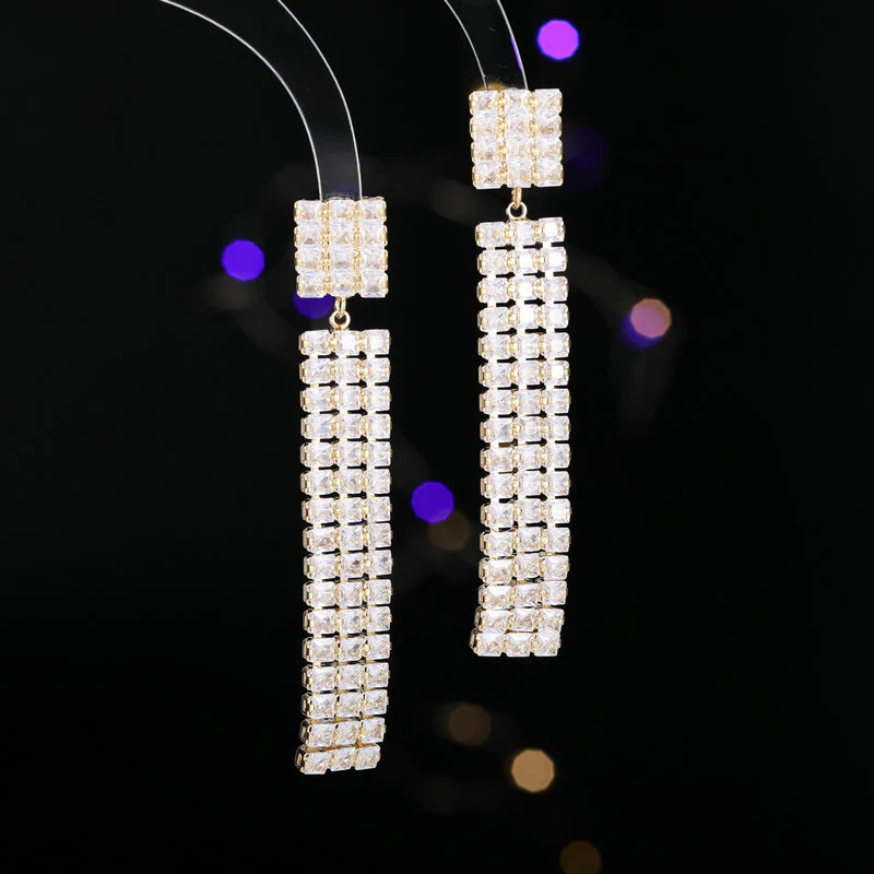 2025 Luxury high-end earrings wholesale, bright full zirconium inlaid banquet dress with long face-showing thin fringed earrings - Deanwangkt