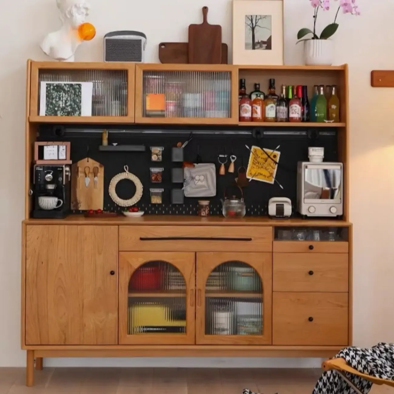 Modern Pine Cherry Wood Narrow Kitchen Sideboard