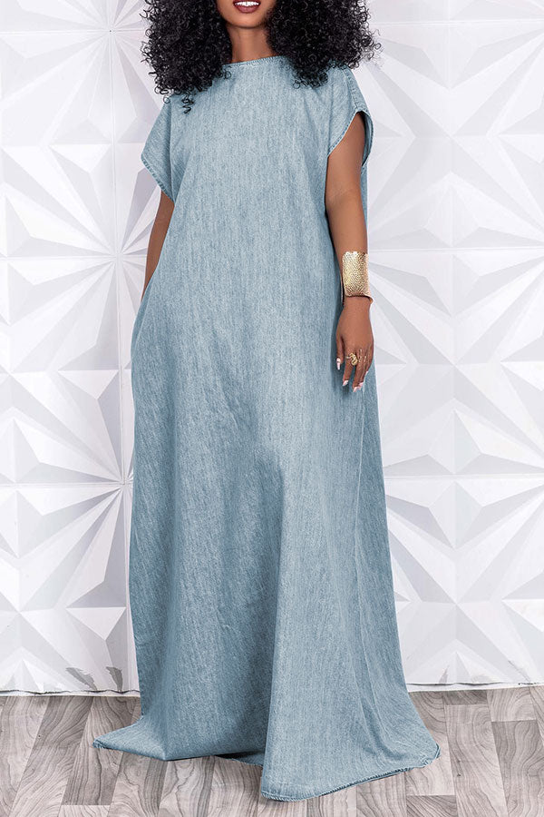 Solid Color Simple Open Back Denim Maxi Dress - Deanwangkt