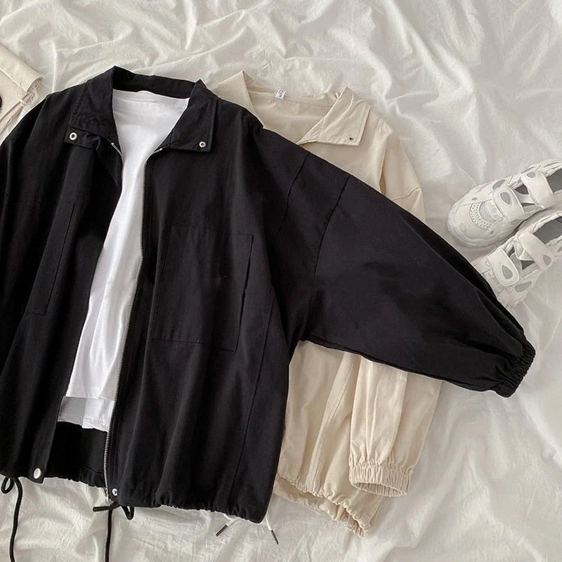Hulianfu Women Basic Jackets Turn Down Collar Zipper Harajuku Elastic BF Chic Ulzzang Loose Korean Style Cool Streetwear Casual Outerwear - Deanwangkt