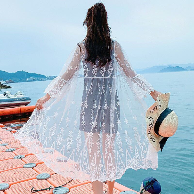 Hulianfu Women Blouse Sun Protection Outerwear Fashion Long Flare Sleeve Mesh Embroidery Thin Loose Party Holiday Maiden Outerwear Sexy - Deanwangkt