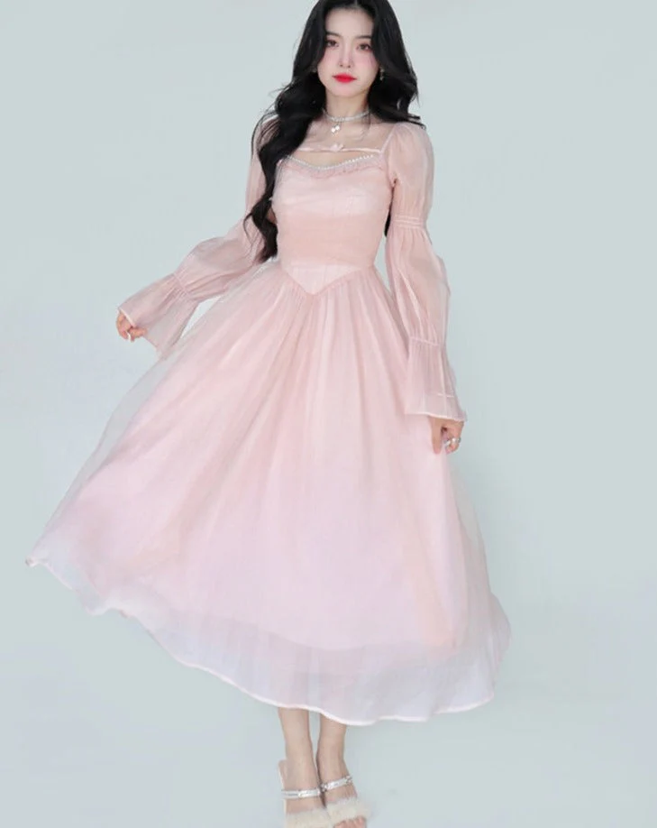 Hulianfu Elegant Evening Party Midi Dress Women Bubble Sleeve French Vintage Sweet Dress Female Pink Korean Style Fairy Dress Autumn - Deanwangkt