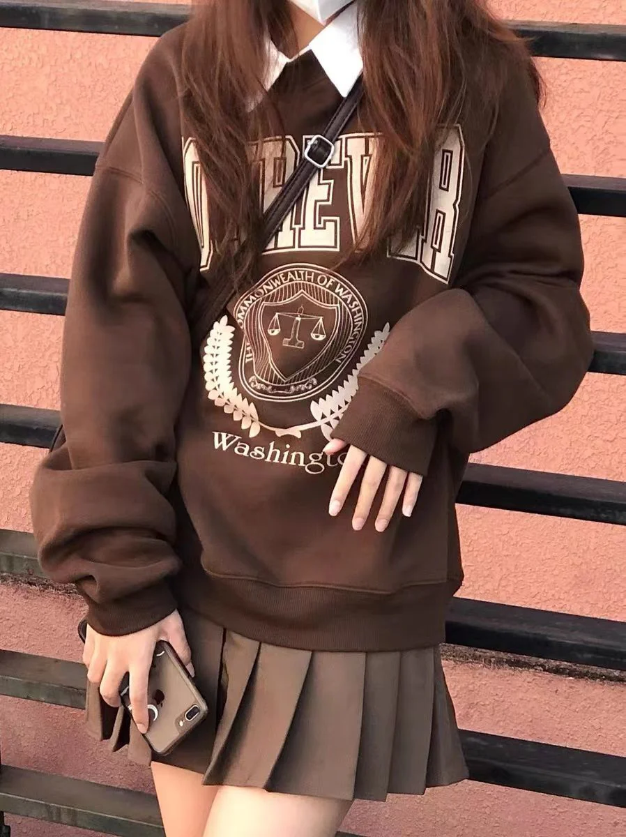 hulianfu Y2K Vintage Brown Sweatshirts Women Streetwear Egirl Aesthetic Letter Oversize Hoodies Harajuku Korean Style Female - Deanwangkt
