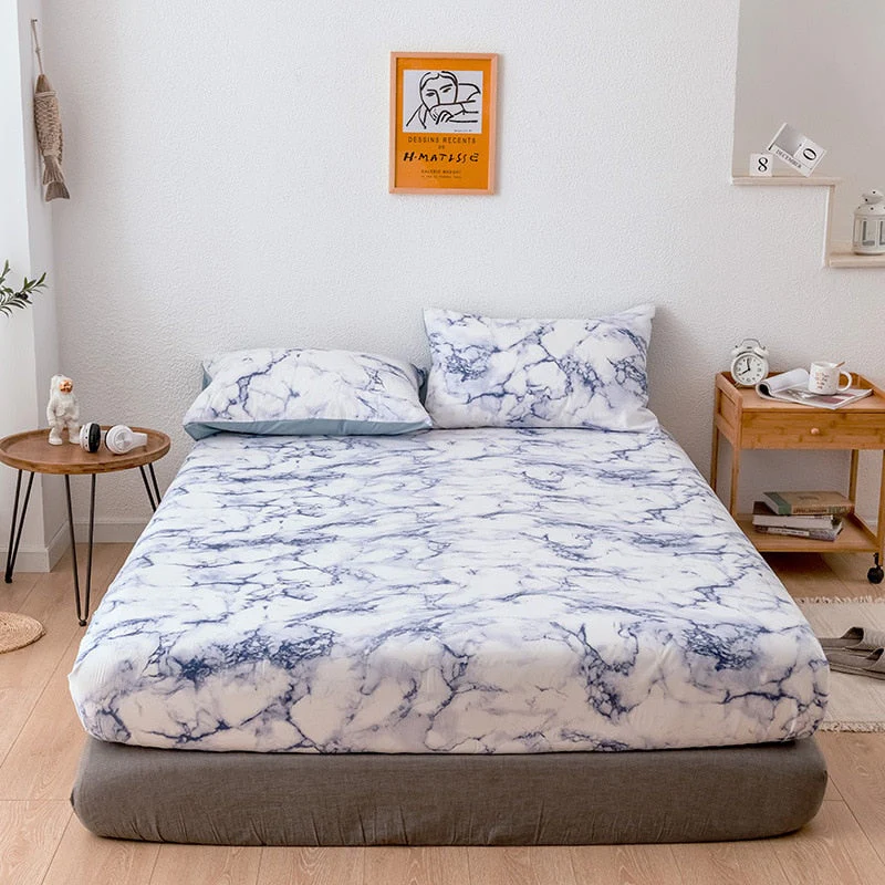 HULIANFU Nordic Mirco Fiber Marble Print Fitted Bed Sheet Single Elastic Band Double Bed Linen Home Soft Comfortable King Size Bedsheet - Deanwangkt