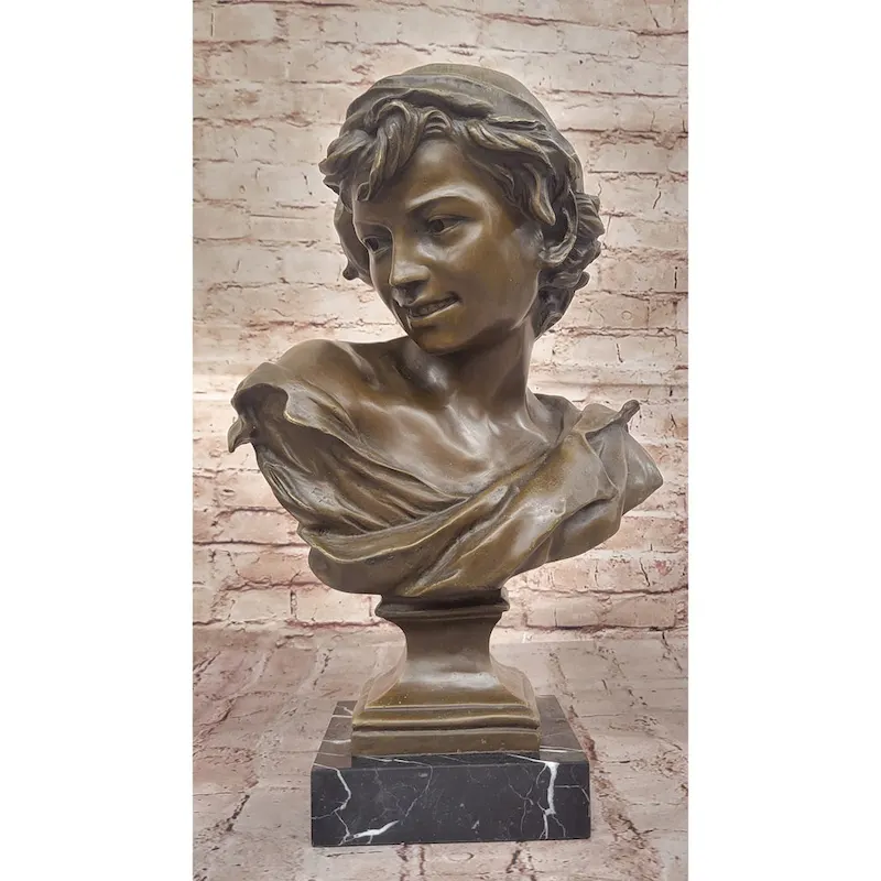 Charming Smiling Boy Bronze Bust Sculpture With Marble Base By Dalou