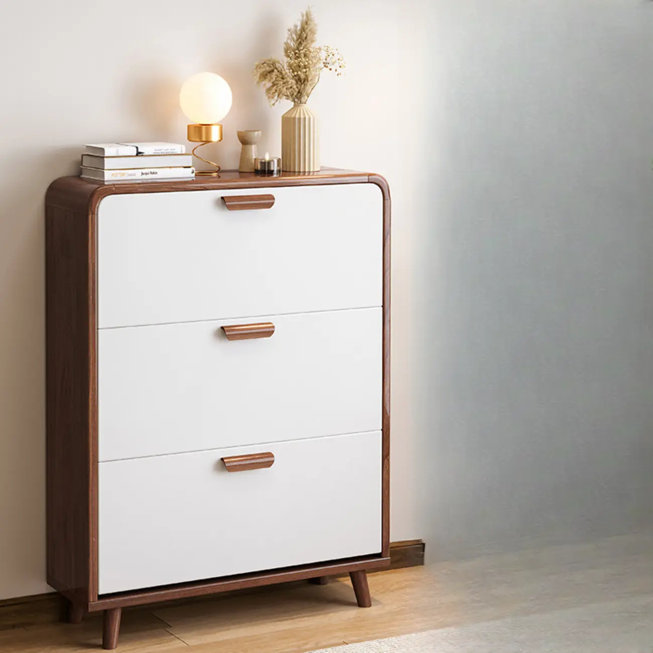 Traditional Hidden Adjustable 3 Tiers Solid Wood Shoe Cabinet