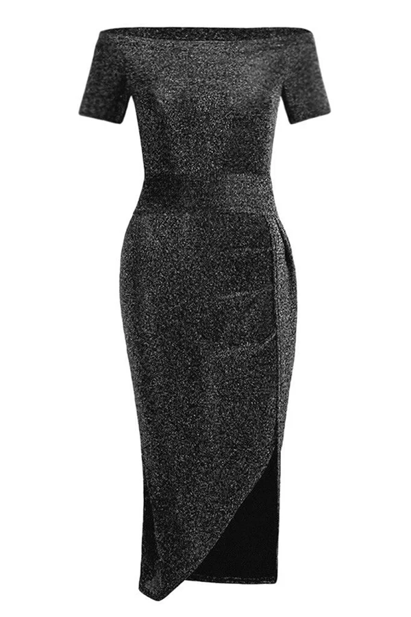 hulianfu Fashion Elegant Solid Slit Sequined Off the Shoulder Wrapped Skirt Dresses(3 Colors) - Deanwangkt