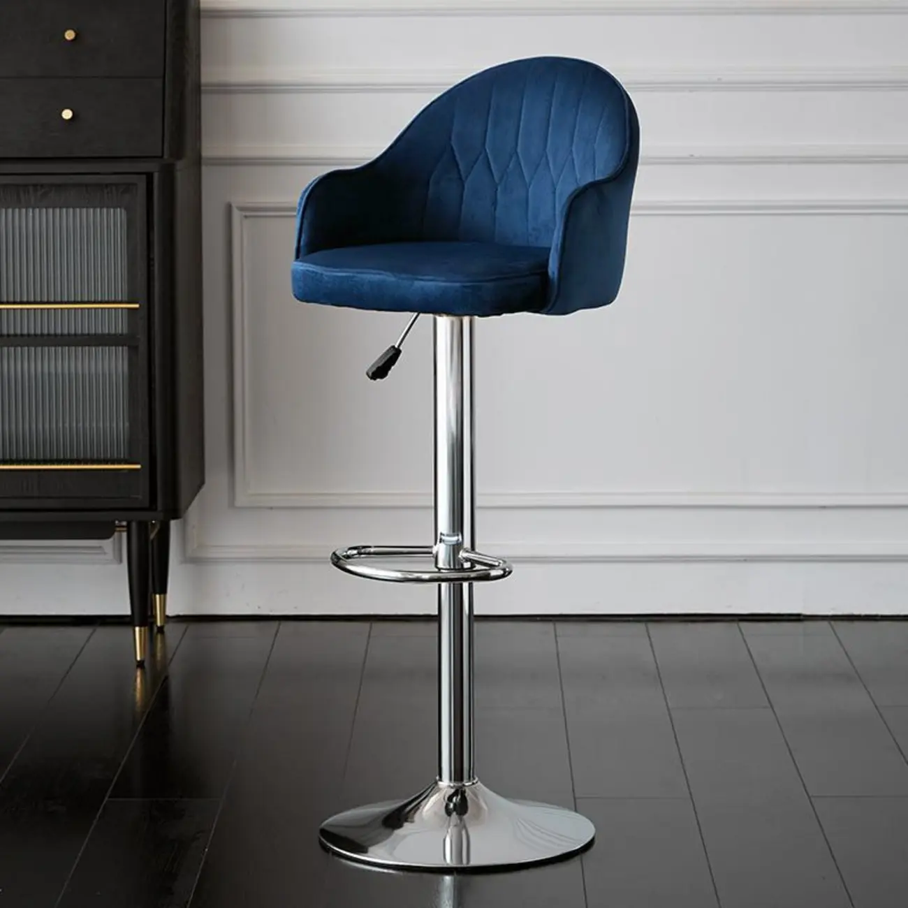 Swivel Upholstered Adjustable Height Home Armed Barstool with Metal Base