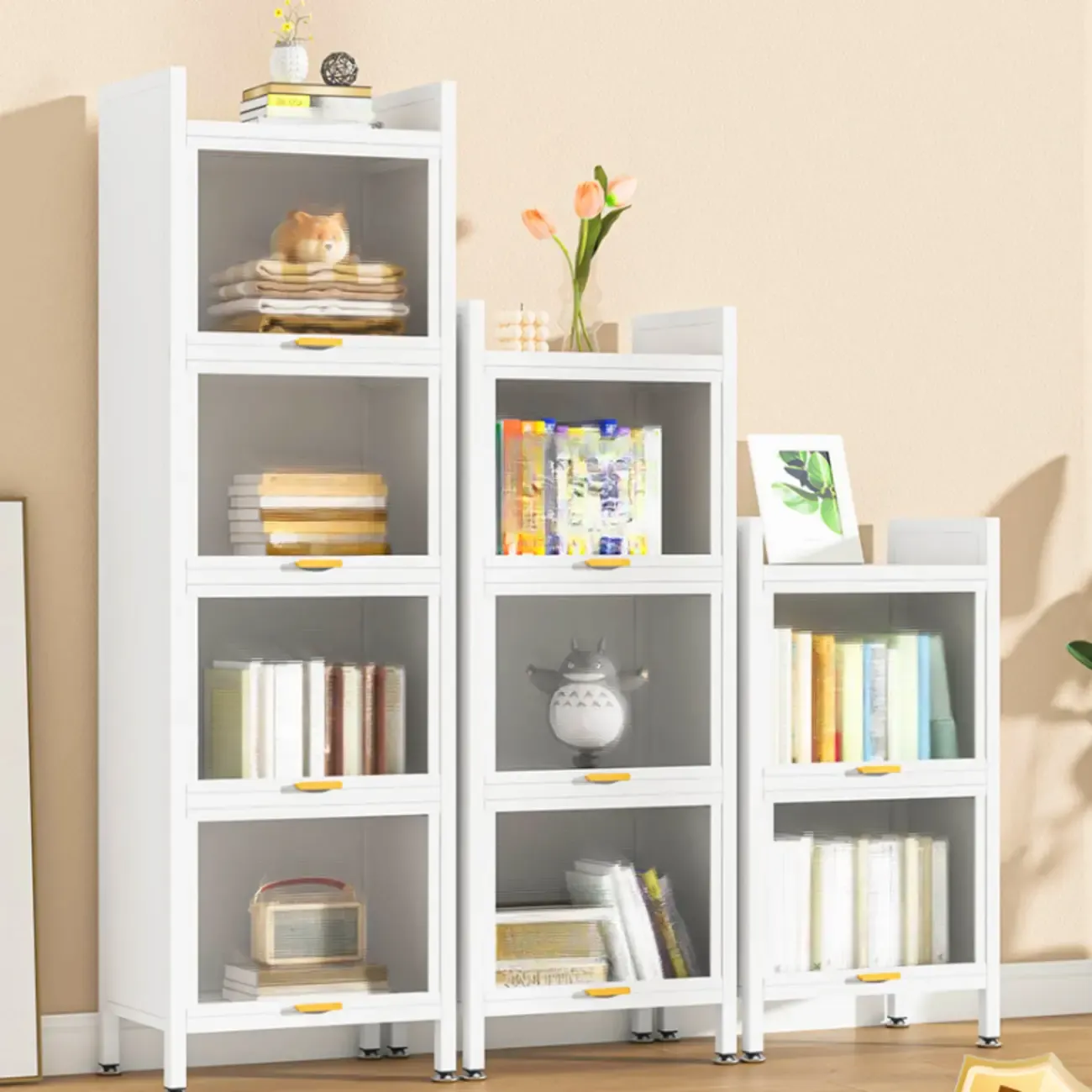 4-Tier Modern White Metal Bookcase with Glass Doors